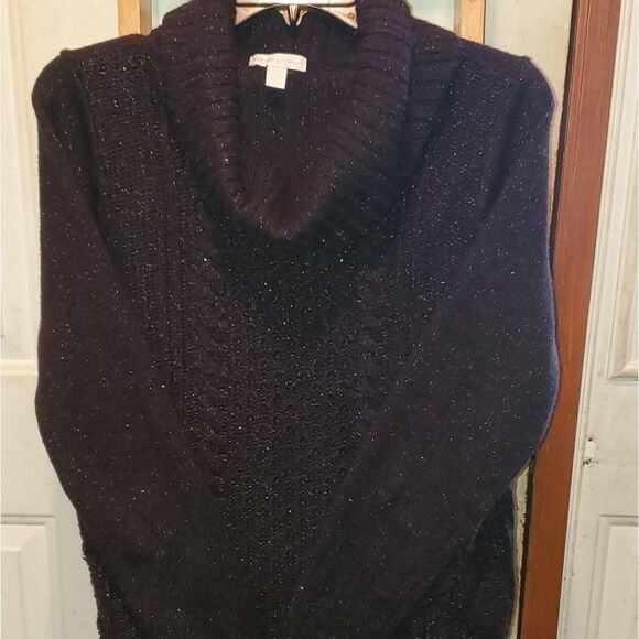 New York and Company Sweater Women’s Large Black Shimmery Cable Knit Cowl Neck - Picture 2 of 6